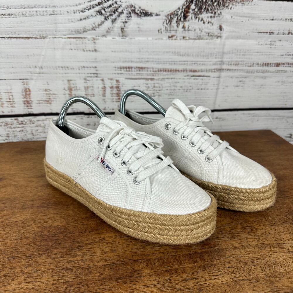 SUPERGA Cotropeu White Espadrille Flat Canvas Lace Up Sneaker Shoes Sz 8 EU 39.5